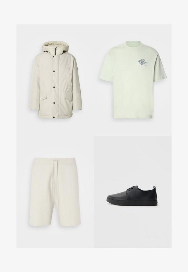 Parka isolée beige clair avec une capuche, dotée d'une fermeture éclair à l'avant, de boutons-pression, et de deux poches avant avec des rabats. Texture de tissu lisse.; T-shirt en coton vert clair avec des manches courtes, col rond, et un logo bleu avec "Calvin Klein" et "CK" sur la zone gauche de la poitrine.; Shorts beige clair en tissu texturé, avec une taille élastique à cordon de serrage et un design longueur genou avec de légères rayures verticales.; Baskets en cuir noir avec une finition lisse, bout arrondi, coutures ton sur ton, devant à lacets et semelle plate en caoutchouc. Anse au talon.
