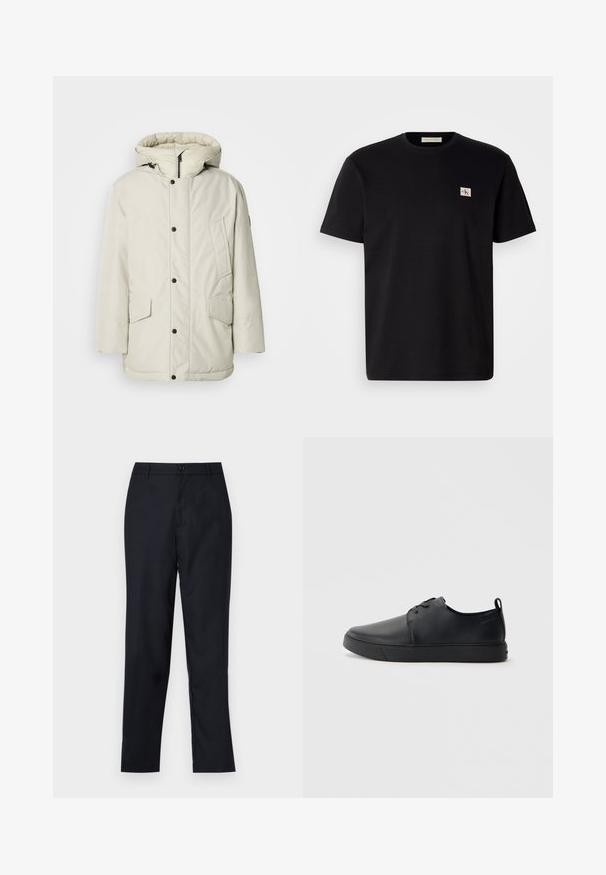 Šviesiai smėlinis izoliuotas parka su gobtuvu, turinti užtrauktuko priekį, kai kuriuos užsegimus ir dvi priekinės kišenes su sklendžių uždarymu. Lygus audinio paviršius.; Juodas medvilnės marškinėliai su trumpomis rankovėmis, apvaliu kaklu ir mažu siuvinėtą logotipu kairėje krūtinės pusėje. Lygi tekstūra, reguliaraus kirpimo.; Tamsiai mėlynos kelnės, pagamintos iš lygaus audinio, su tiesia koja, vieno mygtuko uždarymu ir subtiliomis priekinėmis raukšlėmis.; Juodos odinės sportinės bateliai su lygiu paviršium, suapvalinta nosimi, toniniais siūlais, raištelių užsegimu priekyje ir plokščiu guminiu padu. Kilpelė ant kulno.