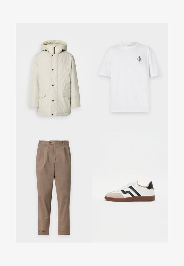 Svetlobéžový zateplený parka s kapucňou, so zipsom vpredu, cvokmi a dvoma prednými vreckami s klopami. Hladká textúra látky.; Biela bavlnená tričko s voľným strihom, s malým čiernym grafickým logom na ľavej strane hrudníka. Krátke rukávy, okrúhly výstrih.; Khaki nohavice s priliehavým strihom, s predným skladom, zapínaním na gombík a ohrnutými manžetami. Vyrobené z ľahkej zmesi bavlny.; Biele tenisky s čiernymi pruhmi, semišovou špičkou a hnedou gumovou podrážkou. Hladká kožená vrchná časť s zaobleným dizajnom.