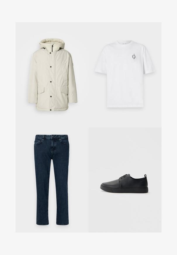 Parka isolante bege claro com capuz, apresentando um fecho frontal com zíper, botões de pressão e dois bolsos frontais com fechos de aba. Textura de tecido suave.; Camisa de algodão branca com um corte relaxado, apresentando um pequeno logótipo gráfico preto na área do peito esquerdo. Mangas curtas, estilo de gola redonda.; Jeans de ganga azul escuro com um design de perna reta, cinco bolsos, fecho com botão e costuras destacadas. Textura suave e estilo clássico.; Sapatilha de couro preta com um acabamento liso, bico arredondado, costura ton sur ton, frente com atacadores e sola plana de borracha. Alça no calcanhar.