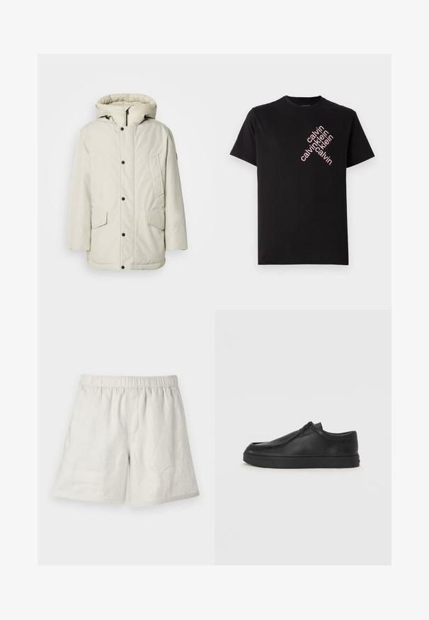 Hellbeige isolierte Parka mit Kapuze, mit einem Reißverschluss vorne, Druckknöpfen und zwei Vordertaschen mit Klappenverschluss. Glatte Stoffstruktur.; Schwarzes Baumwoll-T-Shirt mit einem diagonalen pinken "calvin klein" Logo-Druck auf der Vorderseite. Kurze Ärmel und runder Ausschnitt.; Helle beige Leinen-Shorts mit elastischem Bund, die eine lockere Passform und minimale Nähte für ein einfaches, lässiges Design bieten.; Schwarze Leder-Schlupfschuhe mit runder Zehenform, genähten Details und schwarzer Gummisohle. Glatte Textur mit minimalistischem Design.