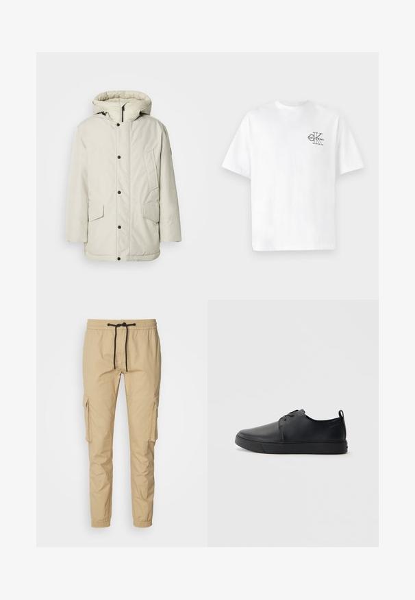 Jasnobeżowa ocieplana parka z kapturem, z zamkiem błyskawicznym z przodu, napami oraz dwiema przednimi kieszeniami z klapkami. Gładka faktura tkaniny.; Biała bawełniana koszulka z krótkim rękawem, okrągłym dekoltem, z czarnym logo CK na lewej piersi, w standardowym kroju, o gładkiej teksturze.; Calvin Klein Jeans - Bojówki; Czarne skórzane sneakersy o gładkim wykończeniu, zaokrąglonym nosku, tonalnym przeszyciu, sznurowanym przodzie oraz płaskiej gumowej podeszwie. Pętla na pięcie.