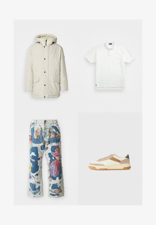 Helebeige isoleeritud parka kapuutsiga, millel on tõmbluku esikülg, nööbiga kinnitused ja kaks esist pocketit klapikinnitustega. Sile kangakonstruktsioon.; Valge polo särk, mis on valmistatud puuvillast, klassikalise kraega, kolme nööbiga kinnitusega ja vasakul rinnal taskuga; väike logo helmel.; Denim laiad sääred püksid, millel on lõpetamata ja kulunud välimus, sisaldades värvilisi kangaplekke ja suuri lõikeid kogu disaini ulatuses.; Beige, kreemi ja oliivroheline spordijalats, mis on valmistatud nahast ja sametmaterjalist, ringikujulise varbaga, minimalistliku disainiga ja kummist tallaga.