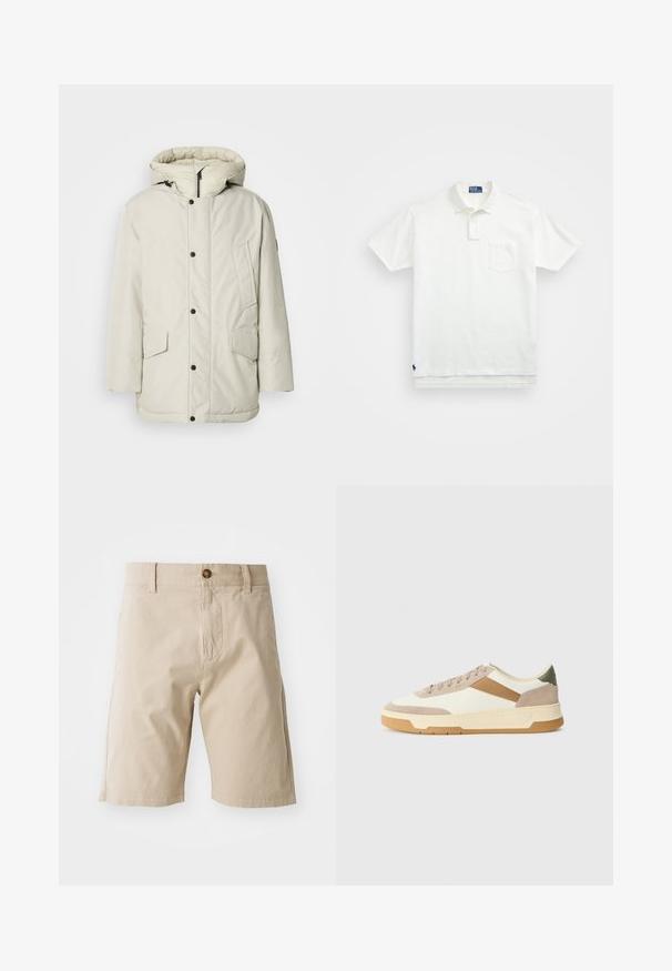 Svetlobéžový zateplený parka s kapucňou, so zipsom vpredu, cvokmi a dvoma prednými vreckami s klopami. Hladká textúra látky.; Biela polo tričko vyrobené z bavlny, s klasickým golierom, trojbuttonovou légou a vreckom na ľavej hrudi; malé logo na spodnom leme.; Béžové bavlnené šortky s uzatváraním na gombík, pútkami na opasok a bočnými vreckami; hladká textúra a rovný strih.; Tenisky v béžovej, krémovej a olivovo zelenej farbe, vyrobené zo semišu a kože, s okrúhlou špičkou, minimalistickým dizajnom a gumovou podrážkou.