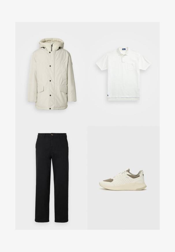 Parka isolante bege claro com capuz, apresentando um fecho frontal com zíper, botões de pressão e dois bolsos frontais com fechos de aba. Textura de tecido suave.; Polo branca feita de algodão, com colarinho clássico, lista de três botões e um bolso no peito esquerdo; pequeno logótipo na bainha.; Chinos pretos de algodão com um design de perna reta, apresentando um fecho com botão e bolsos laterais. Detalhes costurados ao longo das costuras.; Sapatilha atlética branca e bege claro, com parte superior em malha, detalhes perfurados e uma entressola texturizada com marcação no calcanhar.