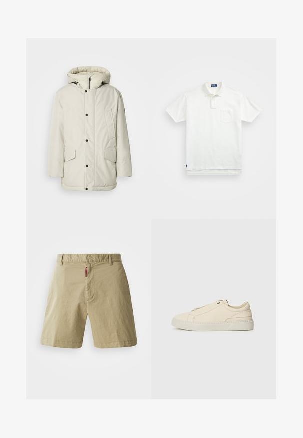 Parka aislante de color beige claro con capucha, que presenta un cierre frontal con cremallera, botones de presión y dos bolsillos frontales con solapas. Textura de tela suave.; Camisa polo blanca de algodón, con un collar clásico, una tapeta de tres botones y un bolsillo en el pecho izquierdo; pequeño logo en el dobladillo.; Pantalones cortos de algodón beige con un diseño frontal plano, cierre de botón y lazos para cinturón. Presentan una sutil textura y una pequeña etiqueta de marca roja en la cintura.; Zapatilla de cuero beige con punta redondeada, diseño minimalista, detalles de costura sutiles y parte superior texturizada, sobre una suela clara.