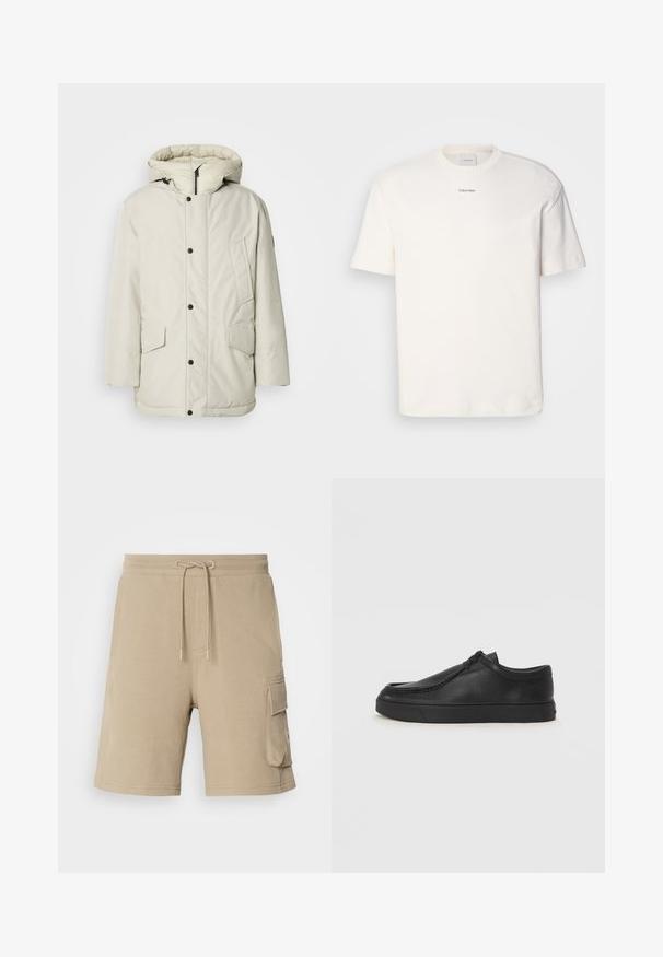 Parka isolante di un beige chiaro con cappuccio, dotata di chiusura frontale con zip, bottoni a scatto e due tasche frontali con pattina. Tessuto con una consistenza liscia.; T-shirt bianca in cotone con scollo rotondo, maniche corte e logo ricamato "Calvin Klein" al centro del petto. Design semplice.; Pantaloni cargo beige realizzati in tessuto morbido, con vita regolabile mediante cordoncino e tasche laterali. Design semplice, lunghezza al ginocchio, dettagli di cucitura minimi.; Scarpa slip-on in pelle nera con punta arrotondata, dettagli cuciti e suola in gomma nera. Texture liscia con design minimalista.