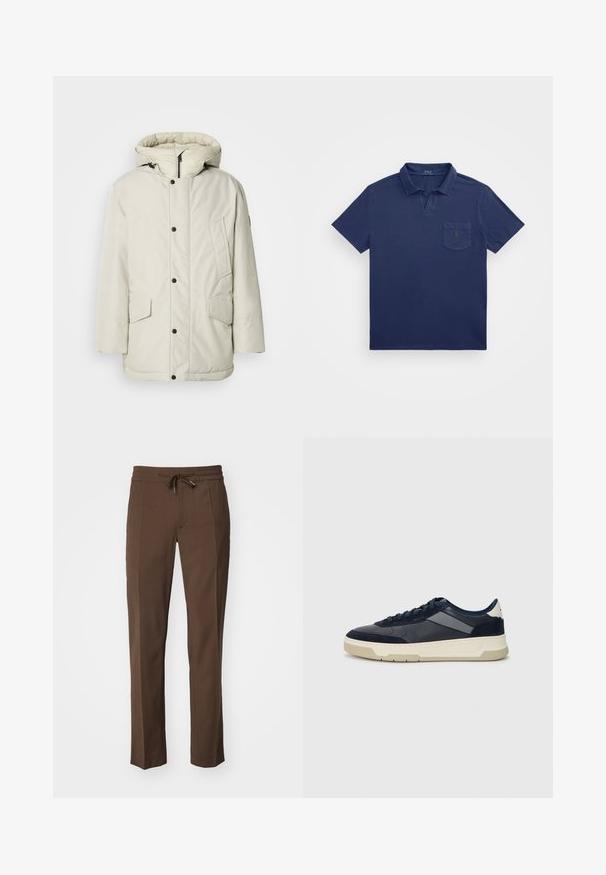 Licht beige geïsoleerde parka met een capuchon, voorzien van een ritssluiting aan de voorkant, drukknoopsluiting en twee voorkruiszakken met klep. Gladde stoftextuur.; Navyblauwe poloshirt met een korte kraag, een borstzak en een geborduurd logo. Gemaakt van een zachte, gestructureerde stof.; Bruine broek met een trekkoord in de tailleband, toelopende pijpen en een gladde textuur, met een vlakke voorkant en zonder zichtbare zakken.; BOSS BALTIMORE - Sneakers laag - open blue