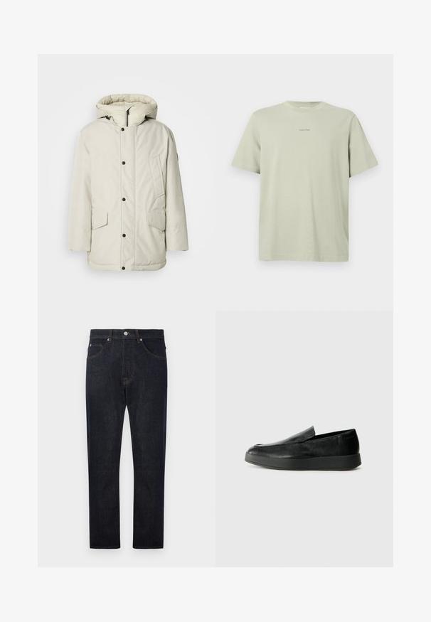 Světlý béžový zateplený parka s kapucí, s předním zipem, patentky a dvěma předními kapsami se klopy. Hladká textilní struktura.; Světle zelené bavlněné tričko s kulatým výstřihem, krátkými rukávy a malým logem Calvin Klein v tmavším odstínu tištěným na hrudi.; Tmavě modré džíny s rovnými nohavicemi, se pěti kapsami, kontrastním oranžovým stehováním a knoflíkovým zapínáním v pase.; Calvin Klein HYBRID CUP - Polobotky - triple black