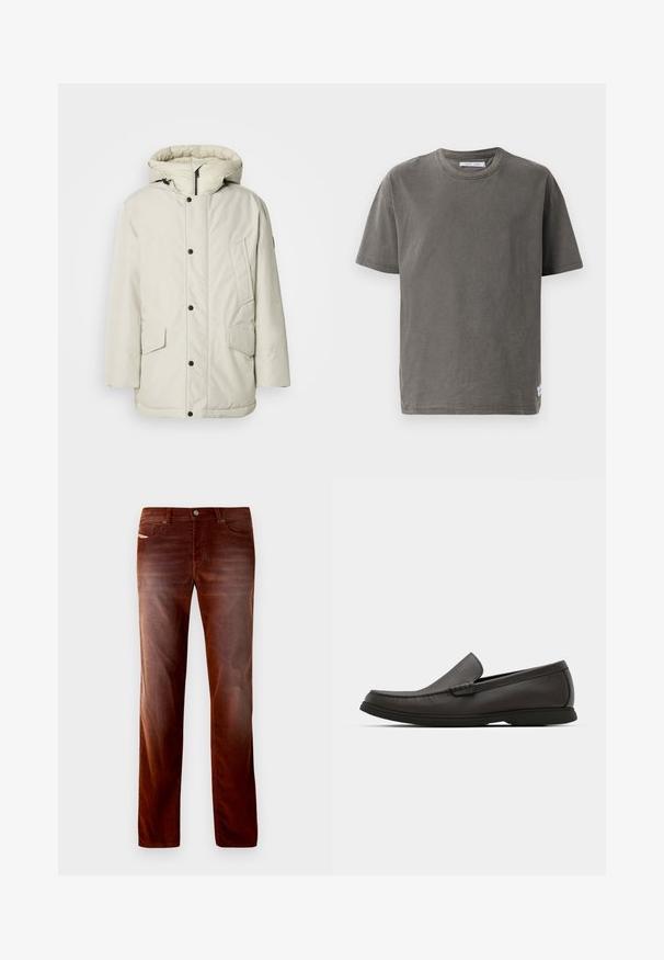 Light beige insulated parka with a hood, featuring a zippered front, snap buttons, and two front pockets with flap closures. Smooth fabric texture.; Gray cotton short-sleeve T-shirt with a round neckline, featuring a slightly faded texture and a side slit at the hem for added detail.; Brown corduroy trousers with a straight-leg design, featuring five pockets, metal button closure, and subtle texture patterns.; Dark brown leather loafers with a rounded toe, subtle stitching detail, and a low rubber sole. Smooth texture with a flexible fit.