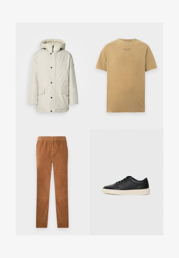 Világos bézs színű, kapucnis, szigetelt parka, cipzáros elejével, patentszorítós gombjaival és két elöl található, fedeles zsebbel. Simább szövettextúra.; Rövid ujjú póló világos barna színben, pamutból készült. Kerek nyakkivágással és a márka szövegével a háton.; Barna kordbársony nadrág, elasztikus derékkal, gombos záródással. Egyenes szárú kivitel és puha, texturált anyag.; Fekete, alacsony szárú bőrsneaker fekete fűzőkkel és törtfehér talppal, oldalnézetben, fehér háttér előtt.