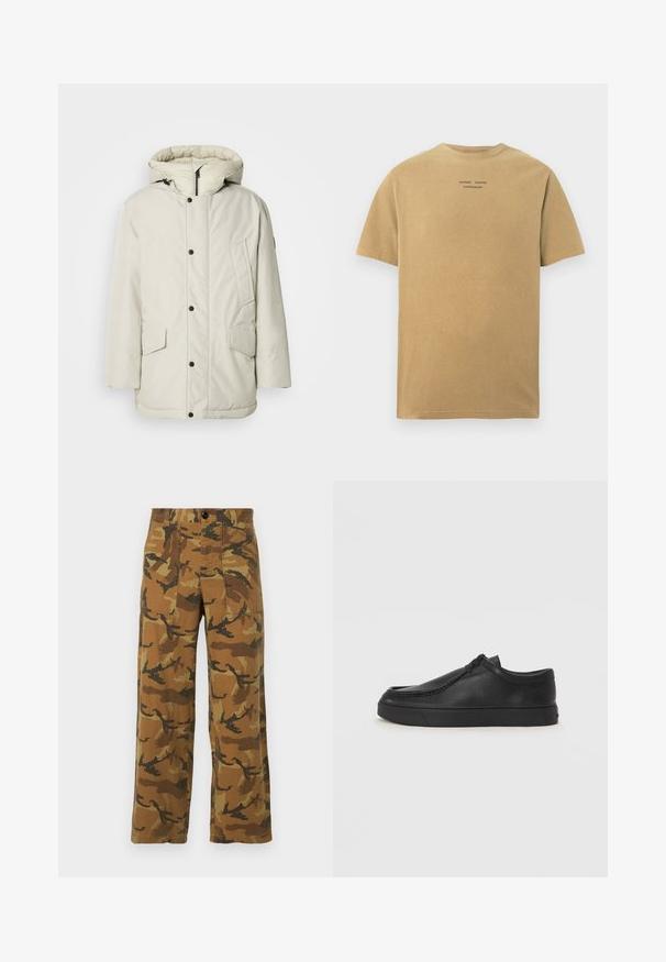 Light beige insulated parka with a hood, featuring a zippered front, snap buttons, and two front pockets with flap closures. Smooth fabric texture.; Short-sleeve t-shirt in a light tan color, made from cotton. Features a crew neckline and brand text printed on the back.; Camo-patterned cargo pants in brown and green hues, made of lightweight fabric, featuring four pockets and a button closure.; Black leather slip-on shoe with a rounded toe, stitched detailing, and black rubber sole. Smooth texture with minimalistic design.