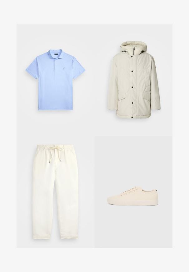 Light beige insulated parka with a hood, featuring a zippered front, snap buttons, and two front pockets with flap closures. Smooth fabric texture.; Light blue short-sleeve polo shirt with textured fabric, two-button placket, collar, and small dark embroidered logo on the chest.; Light cream, casual pants made of soft fabric. Features an elastic waistband with a drawstring, and tapered leg design.; Beige canvas sneakers with round toe, flat rubber sole, and lace-up front. Features minimal design and a contrasting black accent at the heel.
