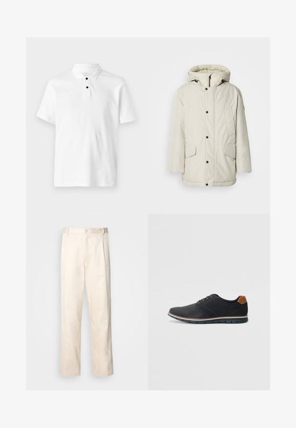 Parka isolante bege claro com capuz, apresentando um fecho frontal com zíper, botões de pressão e dois bolsos frontais com fechos de aba. Textura de tecido suave.; Camisa polo branca com um tecido texturizado, mangas curtas, colarinho dobrado e três botões pretos no decote.; Calças de algodão bege com corte reto, apresentando um fecho de botão e pregas na frente para um detalhe adicional.; Sapatos sintéticos pretos com um upper texturizado, pormenores lisos, salto castanho e uma sola contrastante. Apresentam um sistema de atacadores mínimo e detalhes de costura.