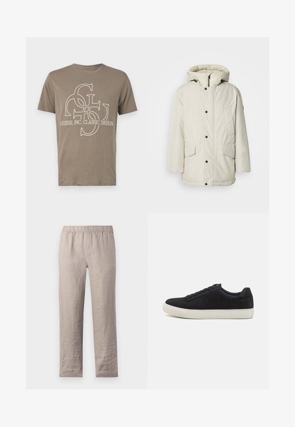 Gai beige izolēts parka mētelis ar kapuci, ar rāvējslēdzēju priekšā, spiedpogām un divām priekšējām kabatām ar atloku aizdarēm. Gluda auduma tekstūra.; Brūns kokvilnas T-krekls ar baltu grafisko dizainu, kurā redzami savienoti burti un uzraksts "GUESS?, INC. KLASISKAIS DIZAINA" priekšpusē.; Gai smilšu krāsas lina bikses ar elastīgu jostasvietu, taisna kāju dizains un bez redzamām kabatām. Gluda tekstūra ar nelielām krokām.; Melnas zamšādas sporta apavi ar noapaļotu purngalu, baltu gumijas zoli, kontrastējošām zilo auklēm un gludu faktūru. Minimālistisks dizains bez redzamas logo.