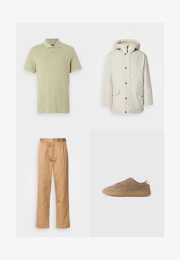 Parka isolante bege claro com capuz, apresentando um fecho frontal com zíper, botões de pressão e dois bolsos frontais com fechos de aba. Textura de tecido suave.; Pólo verde-claro feito de algodão, com uma palete de três botões, mangas curtas e um pequeno logótipo bordado no peito.; Calças caqui, mistura de algodão, design de pernas retas, pregas frontais, passantes para cinto e fecho com botão. Textura suave sem padrões.; Sapatilhas de camurça em castanho claro com sola de borracha. Apresentam um design com atacadores e um estilo minimalista, acentuado por uma aba de calcanhar branca.