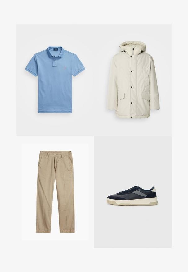 Parka isolante bege claro com capuz, apresentando um fecho frontal com zíper, botões de pressão e dois bolsos frontais com fechos de aba. Textura de tecido suave.; Pólo azul claro feito de algodão. Apresenta um colarinho clássico, mangas curtas e um pequeno logótipo bordado no lado esquerdo do peito.; Chinos bege de perna reta com passantes para cinto, fecho frontal com botão e fecho de correr, e bolsos frontais inclinados.; BOSS BALTIMORE - Sapatilhas - open blue