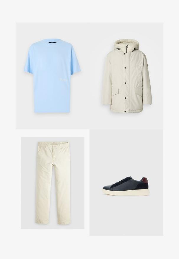 Světlý béžový zateplený parka s kapucí, s předním zipem, patentky a dvěma předními kapsami se klopy. Hladká textilní struktura.; Světle modré tričko s krátkým rukávem z měkké bavlny, s klasickým kulatým výstřihem a jemným logem "Barbour" v kontrastní barvě.; Svetlé béžové volné kalhoty s třemi kapsami, poutky na opasek a rovnými nohavicemi. Vyrobeno z měkké směsi bavlny.; Nízké pánské tenisky z černé kůže a semiše s vínovým patním páskem a bílou gumovou podrážkou, pohled z vnější strany.