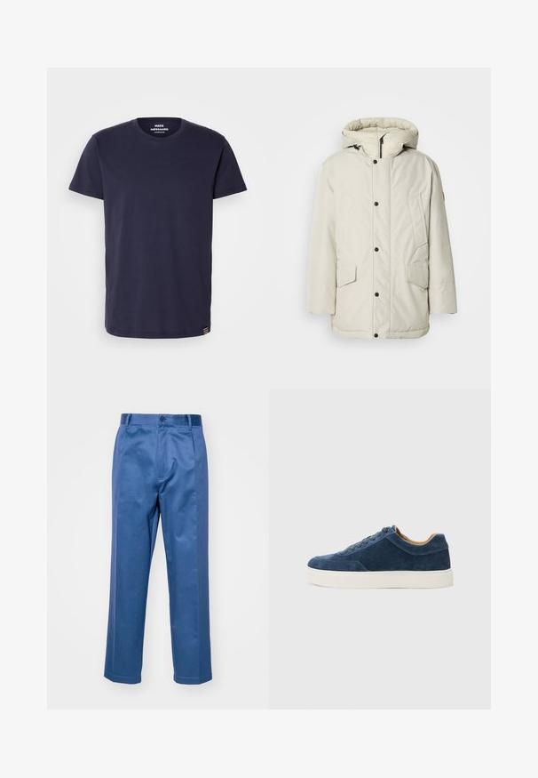 Svetlobéžový zateplený parka s kapucňou, so zipsom vpredu, cvokmi a dvoma prednými vreckami s klopami. Hladká textúra látky.; Námornícky modré bavlnené tričko s okrúhlym výstrihom a krátkymi rukávmi. Má malú emblematickú pásku na leme a hladkú textúru.; Modré nohavice vyrobené z hladkej tkaniny, s rovnými nohavicami, zapínaním na gombík a decentným prešívaním.; Modré semišové tenisky s bielou gumovou podrážkou, šnurovací dizajn, okrúhla špička a kontrastný hnedý interiér. Jemné detaily prešívania.