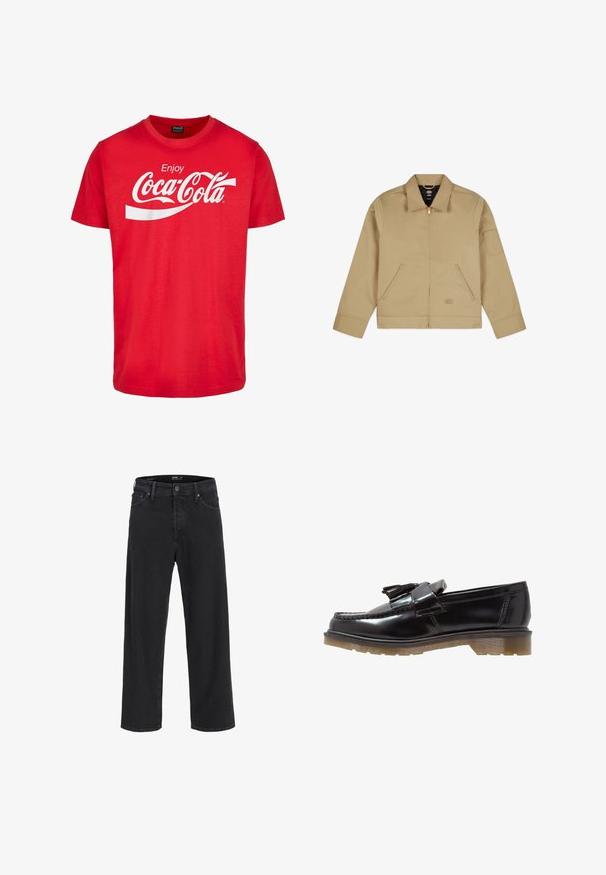 Ljusbrun lättviktig jacka med krage, dragkedja framtill, två sidfickor och ett märke på vänster arm. Slät, hållbar väv med en strukturerad design.; Grå sweatshirt med rund hals, långa ärmar och ribbade muddarna. Tillverkad av ett mjukt, texturerat material och har en avslappnad passform.; Röd bomullströja med korta ärmar som har en vit "Coca-Cola"-logotyp och en vågig design över bröstet. Klassisk rundhalsad stil.; Svarta raka denimjeans med knäppning och dragkedja, bältesöglor samt fram- och bakfickor.; Svarta lackskinnsloafers med flätad design, tofsdetalj och en kraftig, texturerad gummisula. Sido vy visar den slanka silhuetten.
