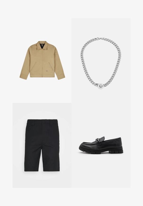 Světle hnědá lehká bunda s límcem, zipem vpředu, dvěma bočními kapsami a nášivkou na levém rukávu. Hladká, odolná tkanina se strukturovaným designem.; Dvoubarevné upnuté topy bez rukávů v černé a bílé barvě. Vyrobené z žebrované bavlny, mají široká ramínka a zaoblené výstřihy. Branding na límci.; Černé bavlněné šortky s rovnou siluetou, poutky na opasek a čistým zakončením. Obsahují skryté přední kapsy a hladkou texturu.; Černé kožené mokasíny s kulatou špičkou, dekoračním páskem a kovovými prvky, a masivní texturovanou podrážkou. Hladký povrch s jemnými detaily.; Stříbrný řetízek s výraznými články a centrálním kruhovým přívěskem s propracovanými detaily. Hladký, lesklý povrch kovu.