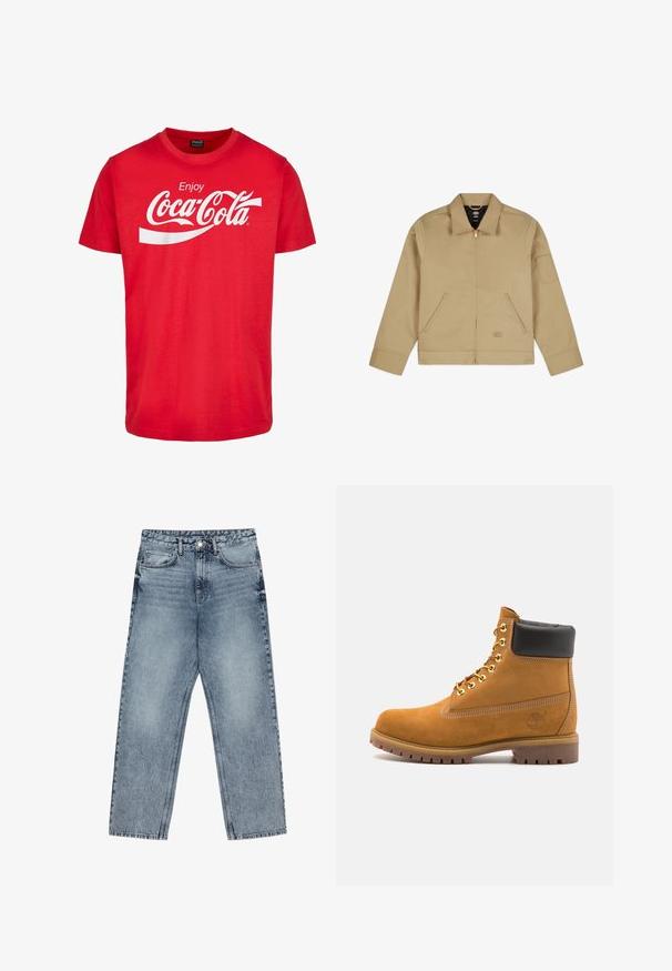 Kerge beež jakk, millel on kaelus, eest lukuga sulgemine, kaks küljetaskut ja lapiga märk vasakul varrukal. Sile ja vastupidav kangas koos struktureeritud disainiga.; Punane puuvillane T-särk lühikeste varrukatega, millel on valge "Coca-Cola" logo ja laineline disain rinna kohal. Klassikaline ümmargune kaelus.; Heledad sinine teksad sirge lõikega, nähtavate õmblustega, viie taskuga disain ja nupuga kinnitamine vööl.; Küpset tan suede sääreboot musta pehmea kraega, kuldsed metallist silmad, valge õmblemise detailid ja robustne kummist tallaga, millel on väljendunud mustrid.