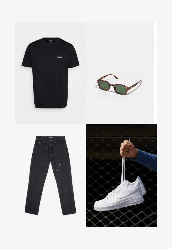 Vaaleanruskea kevyt takki, jossa on kaulus, vetoketjusu closure, kaksi sivutaskua ja paikka vasemmassa hihassa. Silkkinen, kestävä kangas ja jämäkkä muotoilu.; Mustaa puuvillateepaitaa, jossa on lyhyet hihat, pyöreä pääntie ja valkoinen "Originals"-logotasku rinnassa. Suoraviivainen rakenne, normaali istuvuus.; Pegador VINTO CARPENTER - Puusepän farkut - washed black; Valkoiset nahkasneakersit, joissa on rei'ityksiä, pyöreä kärki, tasapohja ja paksut nauhat, joissa on näkyvä swoosh-logo ja "AIR" kantapäässä.; Kilpikonnakuosiset aurinkolasit vihreillä linsseillä, joissa on oktaalinen muoto ja kapeat, kaarevat varret. Materiaalissa on kiiltävä pinta.