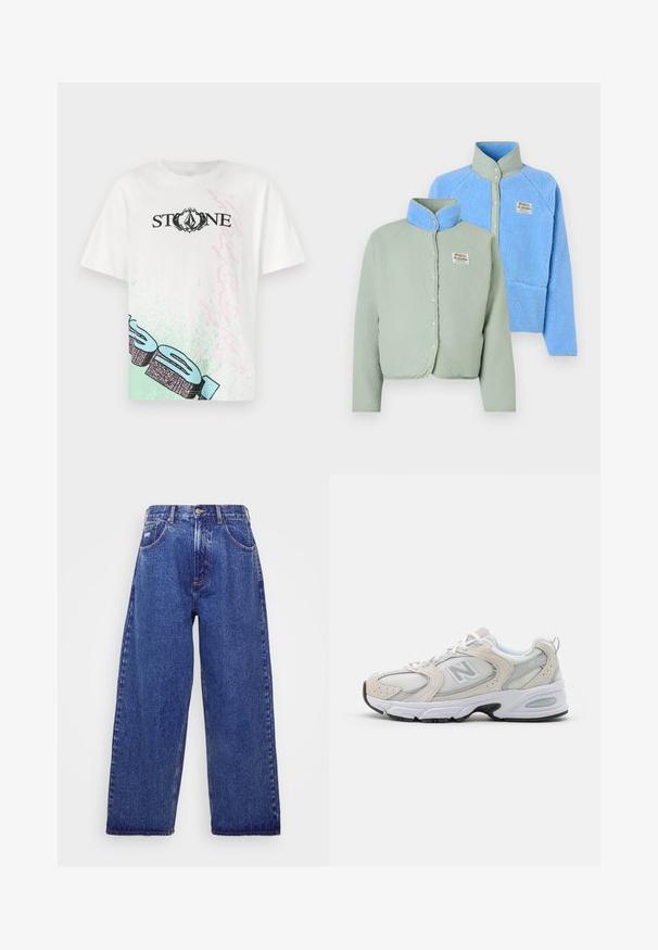 Divas divas: viena piparmētru zaļa ar gludu tekstūru un pogām, un otra gaiši zila pūkaina vilna ar apkakli un izšūtu logo.; Balta kokvilnas t-kreklu ar melnu uzrakstu "STONE", kam priekšpusē ir zaļi un rozā grafiskie akcenti, un brīvs piegriezums. Īsas piedurknes.; Plaša kājiņu, zila denima bikses ar augstu jostasvietu, kas satur piecas kabatas, pogu aizdari un smalku izbalēšanu tekstūras radīšanai.; Sporta apavi ar gaiši pelēku sietu augšējo daļu un zamša akcents, baltiem šņorēm un melnu gumijas zoli. Ievērojamas ABZORB amortizācijas detaļas.