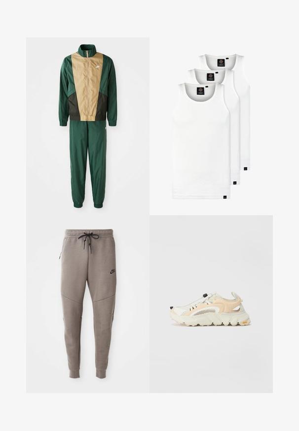 Zaļa un brūna vēja necaurlaidīga jaka ar pilnu rāvējslēdzēju, augstu apkakli un gumijotiem piedurkņu galiem, apvienota ar saskaņojošām biksēm. Uz jakas redzams Nike logo.; Trīs baltas ribotas krūšturi, kas izgatavoti no kokvilnas. Iezīmēti ar apaļu kakla izgriezumu un maziem melniem etiķetēm tuvu apakšmalai. Pieejami vairākos izmēros.; Pelēki Nike sporta bikses ar aukliņu viduklī, sašaurinātiem galiem, sānu kabatām un izteiktām šuvēm. Mīksta, teksturēta auduma.; Gaišas un baltas vieglas čības ar acs augšdaļu, kurām ir teksturēta zole, elastīga šņorēšanas sistēma un izteikta papēža atbalsts.