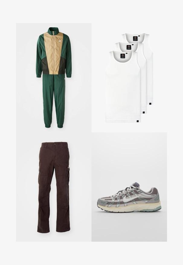 Zöld és barna szélálló dzseki teljes cipzárral, magas gallérral és elasztikus mandzsettákkal, hozzáillő nadrággal párosítva. Nike logó a dzsekin.; Három fehér csíkos pamut trikó. Felső része kerek nyakkivágású, és a szegély közelében kis fekete címkék találhatók. Több méretben elérhető.; Barna vászon cargo nadrág, strapabíró pamut anyagból készült, oldalsó zsebekkel, laza szabású, egyenes lábakkal és látható varrási részletekkel.; Szürke sportcipő, hálós és velúr felsőrésszel, fehér részletekkel, párnázott talppal és jellegzetes dizájnnal, amely visszaverő elemeket tartalmaz.