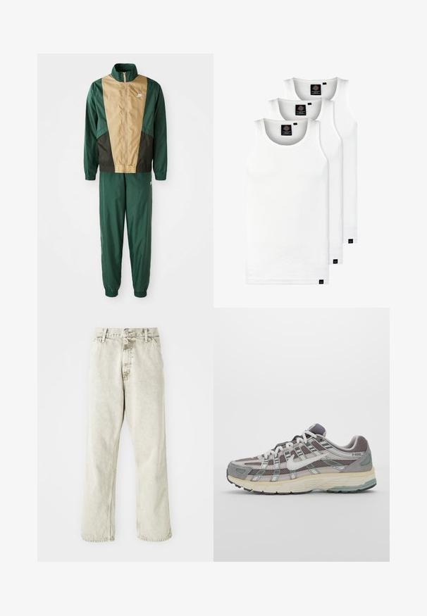 Green and brown windbreaker jacket with a full zipper, high collar, and elastic cuffs, paired with matching pants. Nike logo on jacket.; Three white ribbed tank tops made of cotton. Features a crew neck and small black labels near the hem. Available in multiple sizes.; Light grey denim pants with a straight leg design, button closure, and belt loops. Features subtle texture and minimalistic stitching details.; Gray athletic shoe featuring a mesh and suede upper, white accents, a cushioned sole, and a distinctive design with reflective elements.