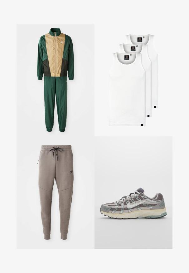 Zaļa un brūna vēja necaurlaidīga jaka ar pilnu rāvējslēdzēju, augstu apkakli un gumijotiem piedurkņu galiem, apvienota ar saskaņojošām biksēm. Uz jakas redzams Nike logo.; Trīs baltas ribotas krūšturi, kas izgatavoti no kokvilnas. Iezīmēti ar apaļu kakla izgriezumu un maziem melniem etiķetēm tuvu apakšmalai. Pieejami vairākos izmēros.; Pelēki Nike sporta bikses ar aukliņu viduklī, sašaurinātiem galiem, sānu kabatām un izteiktām šuvēm. Mīksta, teksturēta auduma.; Pelēkie sporta apavi ar tīkla un zamša augšdaļu, baltiem akcentiem, mīkstinātu zoli un izcilu dizainu ar atstarotājiem.