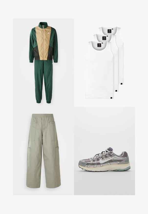 Green and brown windbreaker jacket with a full zipper, high collar, and elastic cuffs, paired with matching pants. Nike logo on jacket.; Three white ribbed tank tops made of cotton. Features a crew neck and small black labels near the hem. Available in multiple sizes.; Baggy, olive green cargo pants with an elastic waistband, multiple pockets, and a smooth texture. Collapsible width at the hem.; Gray athletic shoe featuring a mesh and suede upper, white accents, a cushioned sole, and a distinctive design with reflective elements.
