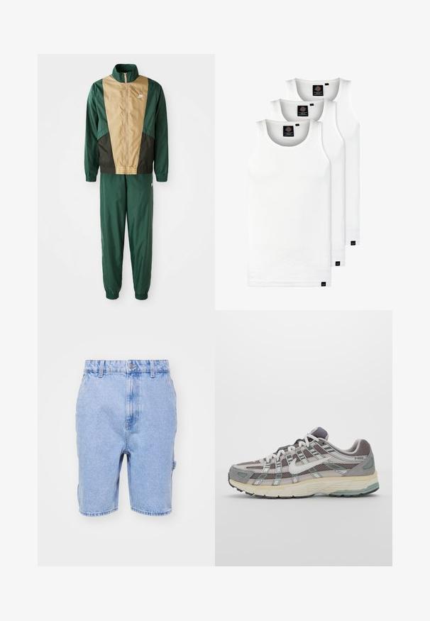 Πράσινο και καφέ αδιάβροχο μπουφάν με πλήρες φερμουάρ, ψηλό γιακά και ελαστικές μανσέτες, συνδυασμένο με παντελόνι ίδιου χρώματος. Λογότυπο Nike στο μπουφάν.; Τρία λευκά ριμπ μπλουζάκια από βαμβάκι. Διαθέτουν στρογγυλή λαιμόκοψη και μικρές μαύρες ετικέτες κοντά στο στρίφωμα. Διαθέσιμα σε πολλές μεγεθύνσεις.; Ανοιχτό μπλε τζιν σορτσάκια με κανονική εφαρμογή, ζώνη με θηλιές, μπροστινές τσέπες και διακριτές φθορές σε όλη την επιφάνεια.; Γκρίζο αθλητικό παπούτσι με επάνω μέρος από δίχτυ και σουέτ, λευκές λεπτομέρειες, απορροφητική σόλα και ξεχωριστό σχέδιο με ανακλαστικά στοιχεία.