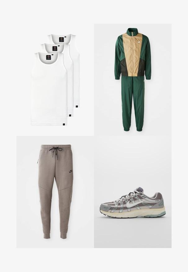Zaļa un brūna vēja necaurlaidīga jaka ar pilnu rāvējslēdzēju, augstu apkakli un gumijotiem piedurkņu galiem, apvienota ar saskaņojošām biksēm. Uz jakas redzams Nike logo.; Trīs baltas ribotas krūšturi, kas izgatavoti no kokvilnas. Iezīmēti ar apaļu kakla izgriezumu un maziem melniem etiķetēm tuvu apakšmalai. Pieejami vairākos izmēros.; Pelēki Nike sporta bikses ar aukliņu viduklī, sašaurinātiem galiem, sānu kabatām un izteiktām šuvēm. Mīksta, teksturēta auduma.; Pelēkie sporta apavi ar tīkla un zamša augšdaļu, baltiem akcentiem, mīkstinātu zoli un izcilu dizainu ar atstarotājiem.