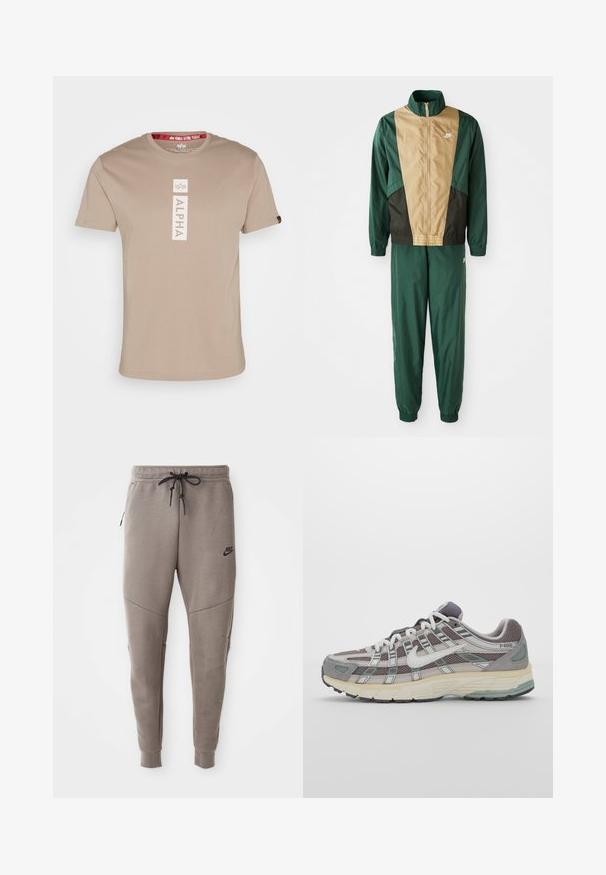 Zelená a hnědá větrovka se zipem po celé délce, vysokým límcem a elastickými manžetami, spárovaná s odpovídajícími kalhotami. Logo Nike na větrovce.; Béžové bavlněné tričko s krátkým rukávem, které má vertikální bílý nápis "ALPHA" a logo na horní části hrudníku. Kulatý výstřih.; Šedé Nike tepláky s elastickým pasem na šňůrku, zúženými nohavicemi, bočními kapsami a charakteristickým švem. Měkká, strukturovaná tkanina.; Šedá sportovní obuv s vrchní částí z mikrovlákna a semiše, bílými akcenty, polstrovanou podrážkou a jedinečným designem s reflexními prvky.