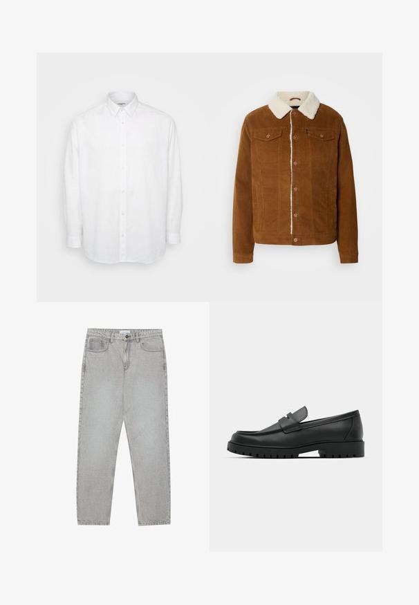 INDICODE JEANS Veste mi-saison - rubber; Chemise blanche à manches longues en lin léger, avec un col à bouton, des boutons sur le devant et une coupe décontractée avec des manches à poignet.; Pantalon en denim gris clair avec une coupe droite, cinq poches et une fermeture à bouton. Coutures visibles le long des coutures.; Mocassins en cuir noir à bout arrondi, avec un design cousu, une semelle plateforme basse et une semelle en caoutchouc texturée et crantée.