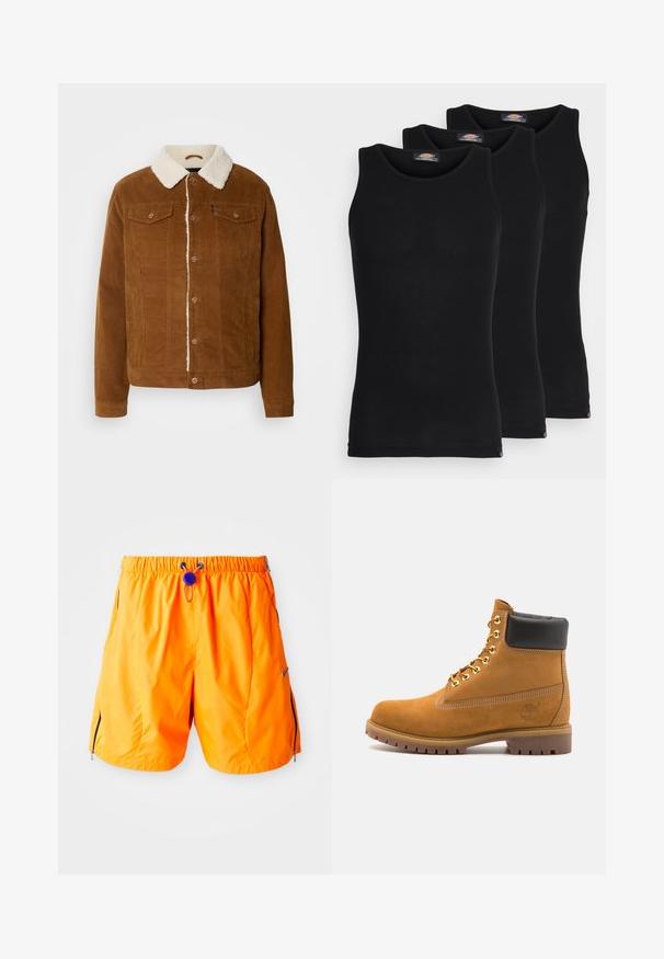 INDICODE JEANS - Kurtka przejściowa; Czarne koszulki na ramiączkach w zestawie trzech sztuk. Wyróżniają się żebrową fakturą, standardowym okrągłym dekoltem, bez rękawów. Na dole widoczna mała logo marki.; Pomarańczowe spodenki sportowe z elastycznym paskiem w talii, regulowanym sznurkiem oraz bocznymi kieszeniami na zamek. Wykonane z gładkiego, lekkiego materiału.; Beżowe zamszowe botki sięgające kostki z czarną wyściełaną krawędzią, złotymi oczkami, białymi detalami szycia oraz wytrzymałą gumową podeszwą z wyraźnym bieżnikiem.