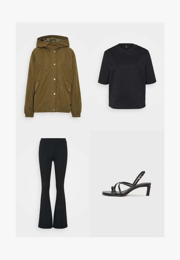 Olīvu zaļš viegls džemperis ar kapuci, spiedpogu aizdare, divas sānu kabatas un ribotas piedurknes. Gluda, ūdensnecaurlaidīga auduma.; Melnā apģērbojamo crew-neck T-kreklā, izgatavotā no kokvilnas, ir īsas piedurknes un brīvs piegriezums. Gluda tekstūra bez redzamām rakstām vai akcentiem.; Melnas izplešanās bikses, izgatavotas no elastīga auduma, ar augstu vidukli un gludu tekstūru. Bikses izvēršas no ceļa.; Melnas strappy sandales ar kvadrātveida purngaliem un zemu bloku papēdi. Ievērojamas ar vairākiem plāniem siksniņām un regulējamu potītes siksniņu. Izgatavotas no gludas ādas.