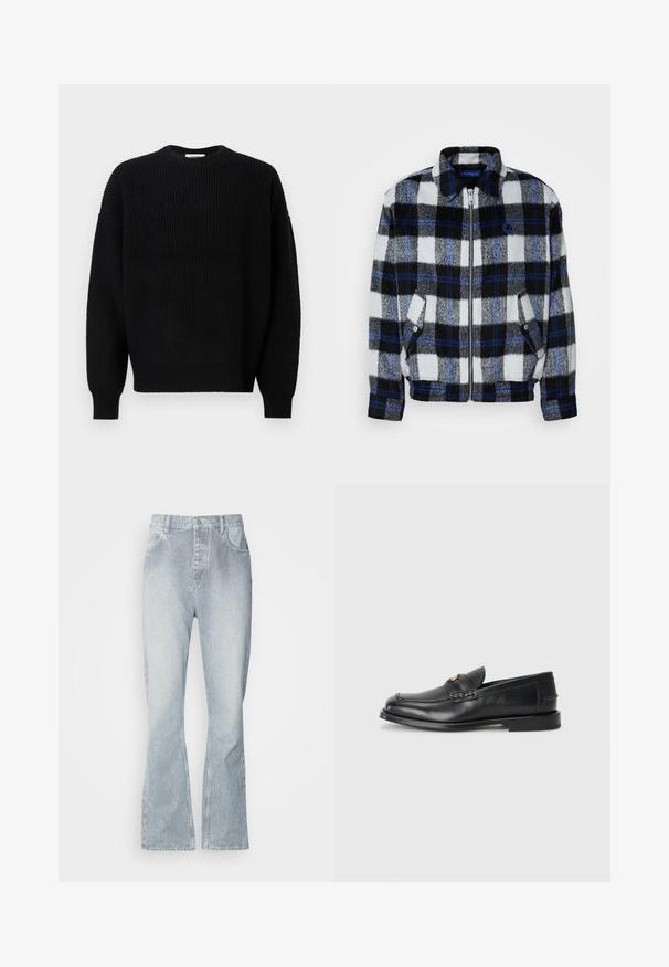 Fleecna jakna u crno-bijelo-sivoj kariranoj uzorku s plavim akcentima. Ima prednji zatvarač i bočne džepove, te ovratnik.; Crni pleteni pulover s rebrastom teksturom, okruglim izrezom i spuštenim ramenima, s dugim rukavima i opuštenim krojem.; Svijetloplave prugaste traperice širokog kroja, s kopčanjem na gumb, prednjim džepovima i suptilnim izblješnjenjem na rubu.; Crne kožne mokasine imaju zaobljen vrh, šivane detalje i mali zlatni akcent na prednjem delu. Đon je ravan i diskretan.
