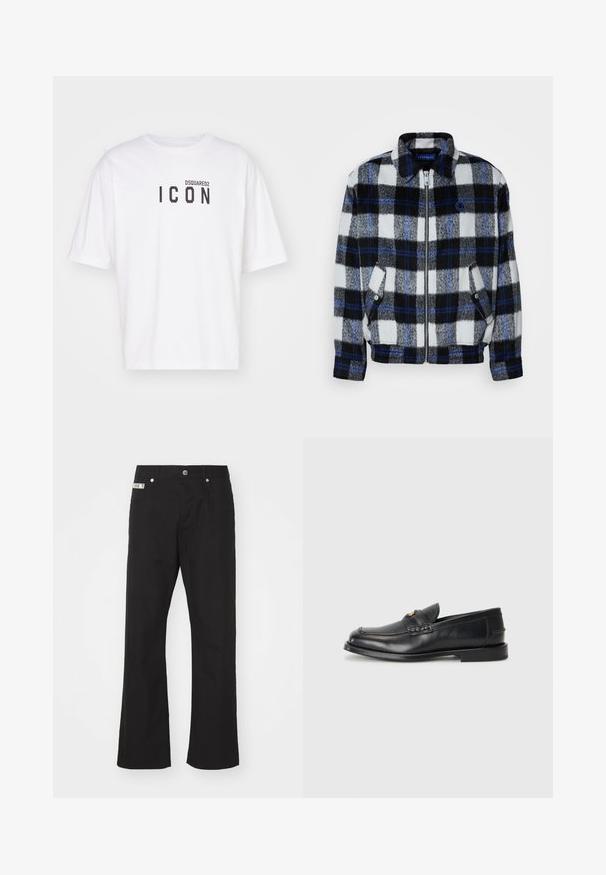 Fleece jack in een zwart, wit en grijs ruitpatroon met blauwe accenten. Voorzien van een rits aan de voorkant en zijzakken, met een kraag.; Witte t-shirt van katoen met een ronde hals en korte mouwen, met een zwarte "ICON" graphic en "DSQUARED2" tekst gedrukt op de voorkant.; Zwarte katoenen broek met een rechte pijpdesign, voorzien van een sluiting met een knoop aan de voorkant, twee zijzakken en een klein merklabel op de tailleband.; Zwarte leren instappers met een ronde neus, gestikte details en een kleine gouden accent aan de voorkant. De zool is plat en discreet.