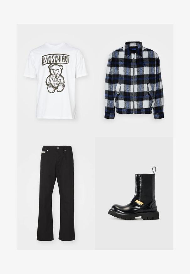 Fliisjakker mustamiseks must-valge-hall ruuduline muster siniste aktsentidega. Omab esimest lukku ja küljetaskuid, samuti kraed.; MOSCHINO Trükipildiga T-särk - fantasia bianco; Mustad puuvillased püksid sirge jala disainiga, ees nupuga sulgemine, kahe küljetaskuga ja väikese brändi sildiga vöökohtade peal.; Must mustaene naisteri, millel on elastsed külgplaatide, kuldne aktsentrihm ja tumm must kummist tald. Sile viimistlus ja ümar varvas.