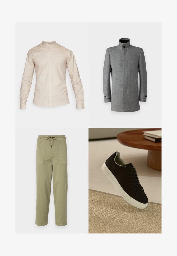 Casaco cinza em mistura de lã com colarinho alto, fecho de botão, bolsos laterais e padrão de espinha de peixe texturizado.; Lindbergh Camisa - pale sand mix; Calças verde-oliva claras feitas de um tecido de algodão misto, com um cós elástico com cordão e dois bolsos laterais grandes.; Sneaker preto com sola branca flutuando acima de um tapete texturizado bege, perto de uma mesa redonda de madeira com livros empilhados.