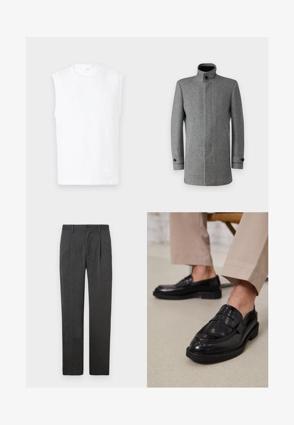 Casaco cinza em mistura de lã com colarinho alto, fecho de botão, bolsos laterais e padrão de espinha de peixe texturizado.; T-shirt branca sem mangas com decote redondo, feito de um tecido suave, com um design simples e bordas limpas.; Calças cinzentas sob medida com um corte reto, apresentando um plissado frontal, fecho de zip e botão. Textura suave, design clássico.; Mocassins de couro preto com acabamento liso, apresentando uma faixa decorativa e costura em contraste, acompanhados de calças bege.