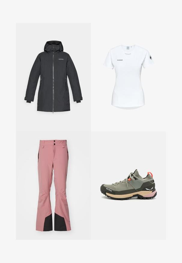 Parka noire imperméable avec capuche, dotée d'une fermeture éclair sur le devant, de deux poches latérales et de poignets élastiques pour plus de confort. Logo de la marque sur la poitrine.; T-shirt de sport à manches courtes, blanc, avec un col rond, arborant un logo sur la poitrine et une texture de tissu lisse et léger.; Pantalon de ski rose en matériau imperméable, avec un design à jambes larges, des accents noirs au niveau des chevilles et deux boutons à l'avant à la taille.; Chaussure de randonnée légère verte avec des matériaux en mesh et en caoutchouc, semelle extérieure noire antidérapante, accents roses et oranges, et capuchon renforcé.