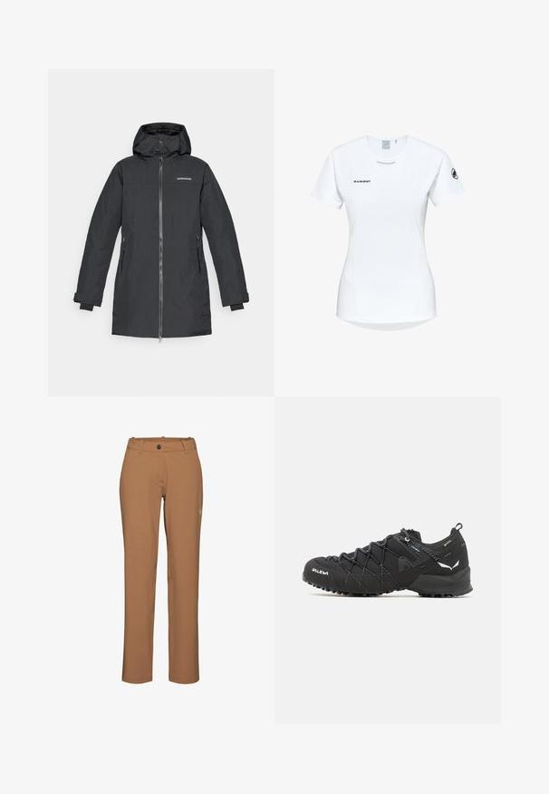 Schwarze Außenjacke mit Kapuze, Reißverschluss, Seitentaschen und verstellbaren Manschetten. Hergestellt aus einem glatten, wetterbeständigen Material.; Kurzärmliges weißes Sportshirt mit Rundhalsausschnitt, das ein Logo auf der Brust und eine glatte, leichte Stofftextur aufweist.; Mammut Outdoor-Hose - claystone; Schwarze Wanderschuhe mit einem strukturierten Obermaterial aus Stoff, Schnürsystem und robuster Gummisohle. Akzentuiert mit reflektierenden Details und Logos.