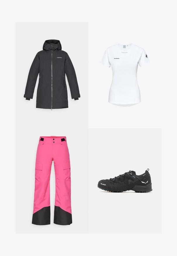 Schwarze wasserdichte Parka mit Kapuze, ausgestattet mit einem Reißverschluss vorne, zwei Seitentaschen und elastischen Bündchen für zusätzlichen Komfort. Markenlogo auf der Brust.; Kurzärmliges weißes Sportshirt mit Rundhalsausschnitt, das ein Logo auf der Brust und eine glatte, leichte Stofftextur aufweist.; Rosa Skihosen mit schwarzem unteren Teil, aus strapazierfähigem Material gefertigt. Verfügt über Cargo-Taschen und ein weites Bein-Design für Komfort und Beweglichkeit.; Schwarze Wanderschuhe mit einem strukturierten Obermaterial aus Stoff, Schnürsystem und robuster Gummisohle. Akzentuiert mit reflektierenden Details und Logos.