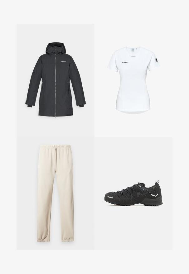 Czarna kurtka zewnętrzna z kapturem, zamkiem błyskawicznym, bocznymi kieszeniami i regulowanymi mankietami. Wykonana z gładkiego, odpornego na warunki atmosferyczne materiału.; Koszulka sportowa z krótkim rękawem w kolorze białym, z okrągłym dekoltem, z logo na piersi i gładką, lekką teksturą materiału.; Jasno beżowe dresy z elastycznym pasem, regulowanym sznurkiem i ściągaczami przy kostkach. Na boku znajduje się małe logo. Miękka faktura materiału.; Czarne buty trekkingowe z teksturowaną cholewką z tkaniny, systemem sznurowania i wytrzymałą gumową podeszwą. Udekorowane odblaskowymi detalami i logo.