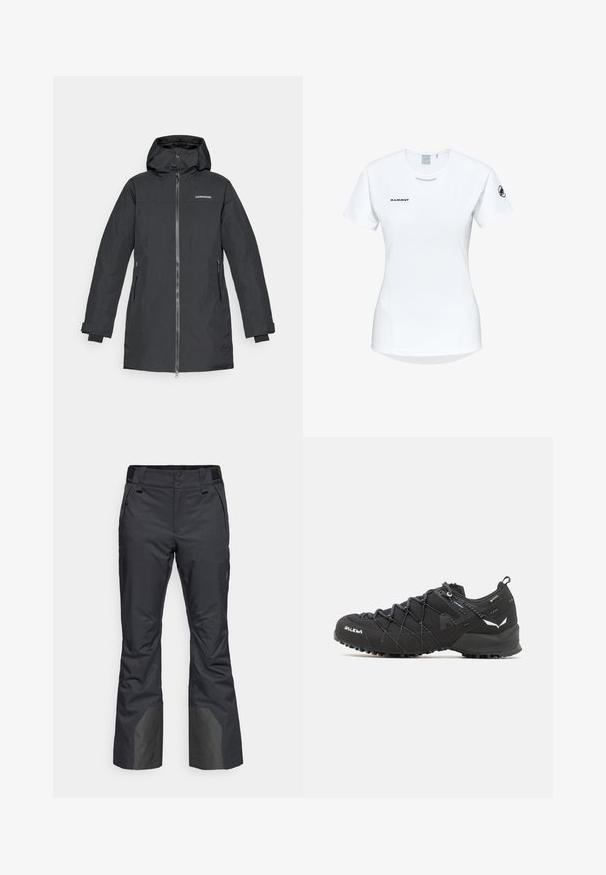 Svart vattentät parka med huva, med en framdragkedja, två sidofickor och elastiska ärmslut för ökad komfort. Logotyp på bröstet.; Kortärmad vit träningsskjorta med rund halsringning, försedd med en logotyp på bröstet och en slät, lätt tygkvalitet.; Svarta snöbyxor i slitstarkt material, med rak bendesign, insydda fickor och förstärkta nederdelar för extra skydd.; Svarta vandringsskor med ett texturerat tygöverdrag, snörningssystem och slitstark gummisula. Prydda med reflekterande detaljer och logotyper.