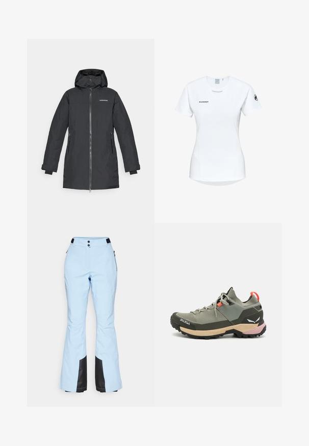Zwarte waterdichte parka met capuchon, voorzien van een rits aan de voorkant, twee zijzakken en elastische manchetten voor extra comfort. Merklogo op de borst.; Korte mouwen witte sportshirt met een ronde halslijn, voorzien van een logo op de borst en een gladde, lichte stoftextuur.; Lichtblauwe skibroek met een uitlopende pijpdesign, zwarte accenten aan de onderkant, twee knopen bij de taille en zijzakken met rits.; Lichte groene wandelschoen van mesh en rubber, zwarte traction outsole, met roze en oranje accenten en een verstevigde neus.
